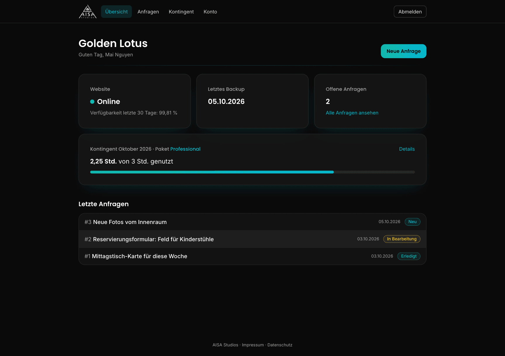 Screenshot von Kundenportal